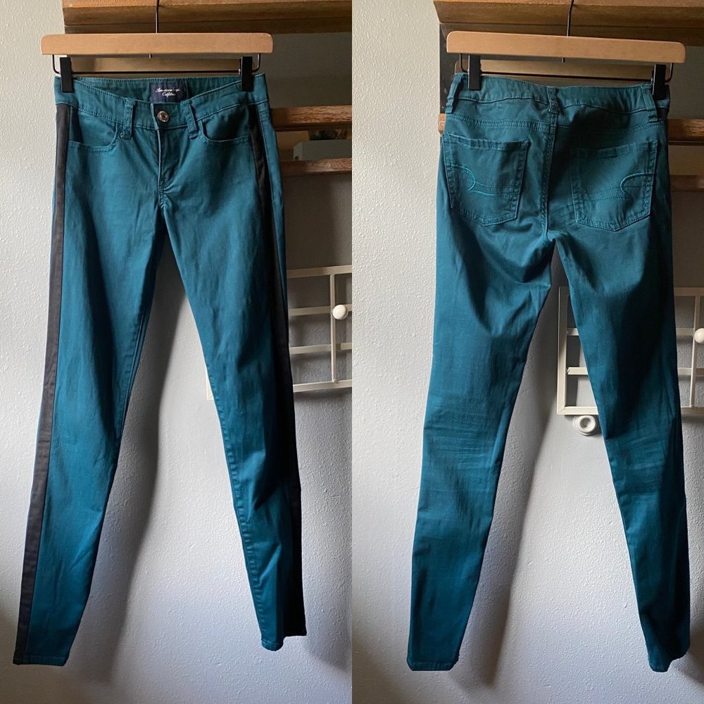 American Eagle AE Teal Black Stripe Skinny Pants